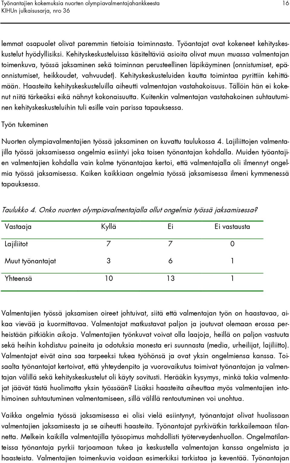 vahvuudet). Kehityskeskusteluiden kautta toimintaa pyrittiin kehittämään. Haasteita kehityskeskusteluilla aiheutti valmentajan vastahakoisuus.