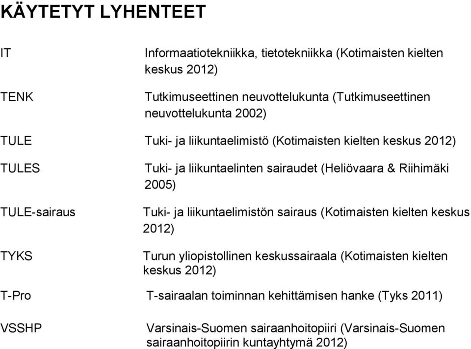 (Heliövaara & Riihimäki 2005) Tuki- ja liikuntaelimistön sairaus (Kotimaisten kielten keskus 2012) Turun yliopistollinen keskussairaala (Kotimaisten
