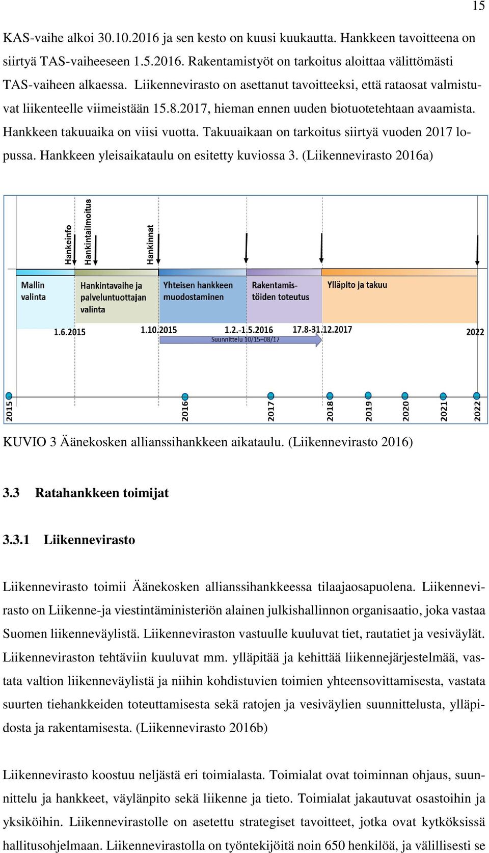 Takuuaikaan on tarkoitus siirtyä vuoden 2017 lopussa. Hankkeen yleisaikataulu on esitetty kuviossa 3. (Liikennevirasto 2016a) KUVIO 3 Äänekosken allianssihankkeen aikataulu. (Liikennevirasto 2016) 3.