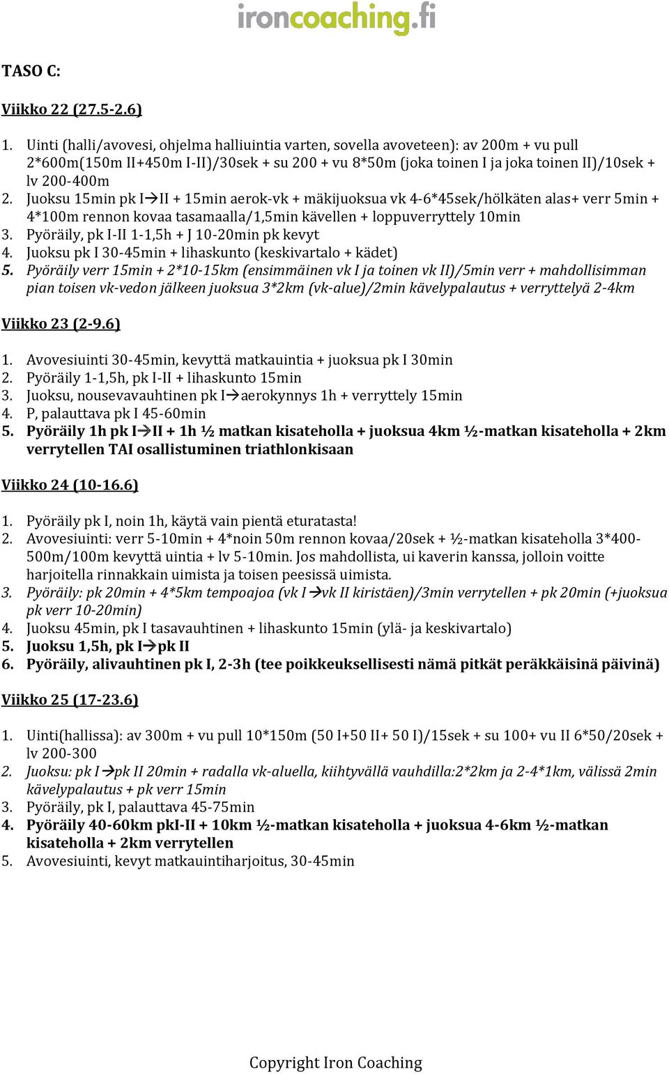 Juoksu 15min pk III + 15min aerok-vk + mäkijuoksua vk 4-6*45sek/hölkäten alas+ verr 5min + 4*100m rennon kovaa tasamaalla/1,5min kävellen + loppuverryttely 10min 3.