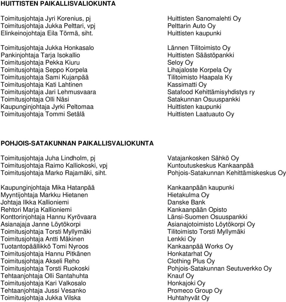 Jari Lehmusvaara Toimitusjohtaja Olli Näsi Kaupunginjohtaja Jyrki Peltomaa Toimitusjohtaja Tommi Setälä Huittisten Sanomalehti Oy Pelttarin Auto Oy Huittisten kaupunki Lännen Tilitoimisto Oy