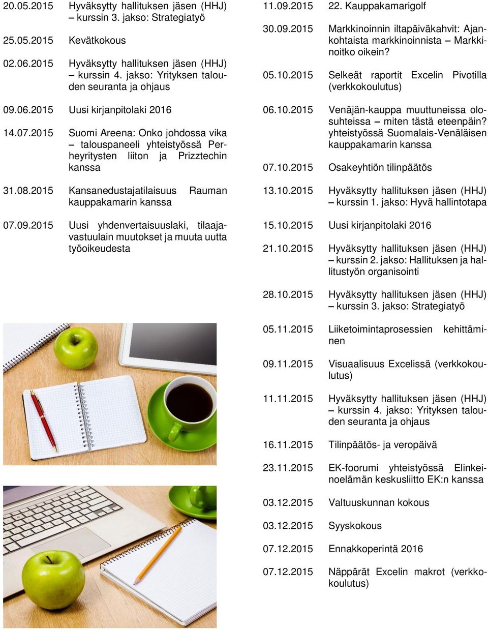 08.2015 Kansanedustajatilaisuus Rauman kauppakamarin kanssa 07.09.2015 Uusi yhdenvertaisuuslaki, tilaajavastuulain muutokset ja muuta uutta työoikeudesta 11.09.2015 22. Kauppakamarigolf 30.09.2015 Markkinoinnin iltapäiväkahvit: Ajankohtaista markkinoinnista Markkinoitko oikein?