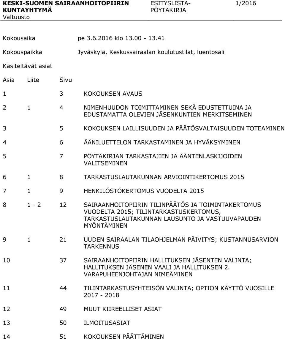 JÄSENKUNTIEN MERKITSEMINEN 3 5 KOKOUKSEN LAILLISUUDEN JA PÄÄTÖSVALTAISUUDEN TOTEAMINEN 4 6 ÄÄNILUETTELON TARKASTAMINEN JA HYVÄKSYMINEN 5 7 PÖYTÄKIRJAN TARKASTAJIEN JA ÄÄNTENLASKIJOIDEN VALITSEMINEN 6