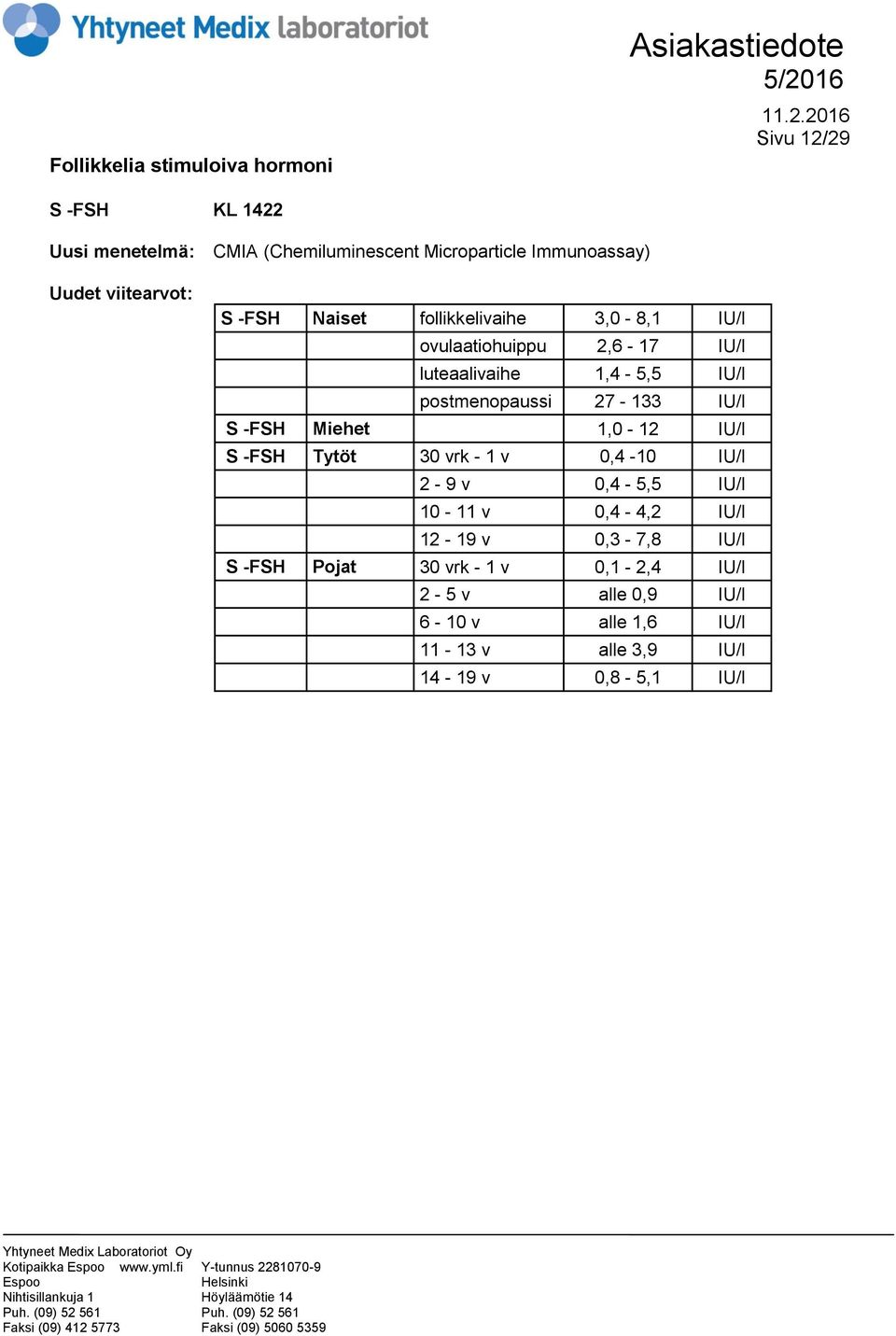 1,0-12 IU/l S -FSH Tytöt 30 vrk - 1 v 0,4-10 IU/l 2-9 v 0,4-5,5 IU/l 10-11 v 0,4-4,2 IU/l 12-19 v 0,3-7,8 IU/l S -FSH Pojat 30 vrk -