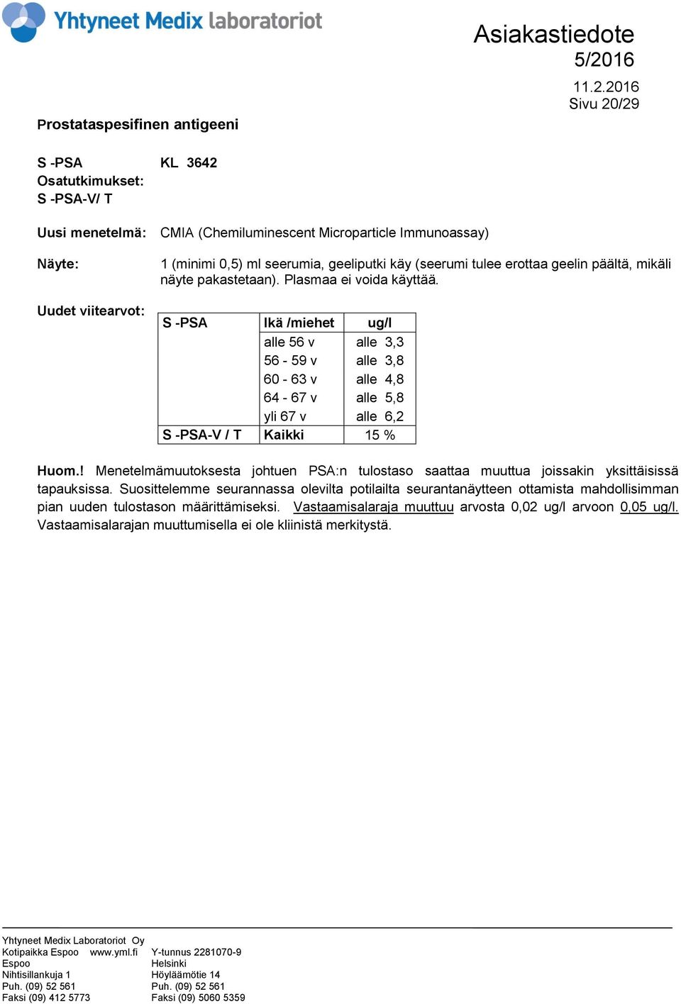 S -PSA Ikä /miehet ug/l alle 56 v alle 3,3 56-59 v alle 3,8 60-63 v alle 4,8 64-67 v alle 5,8 yli 67 v alle 6,2 S -PSA-V / T Kaikki 15 % Huom.