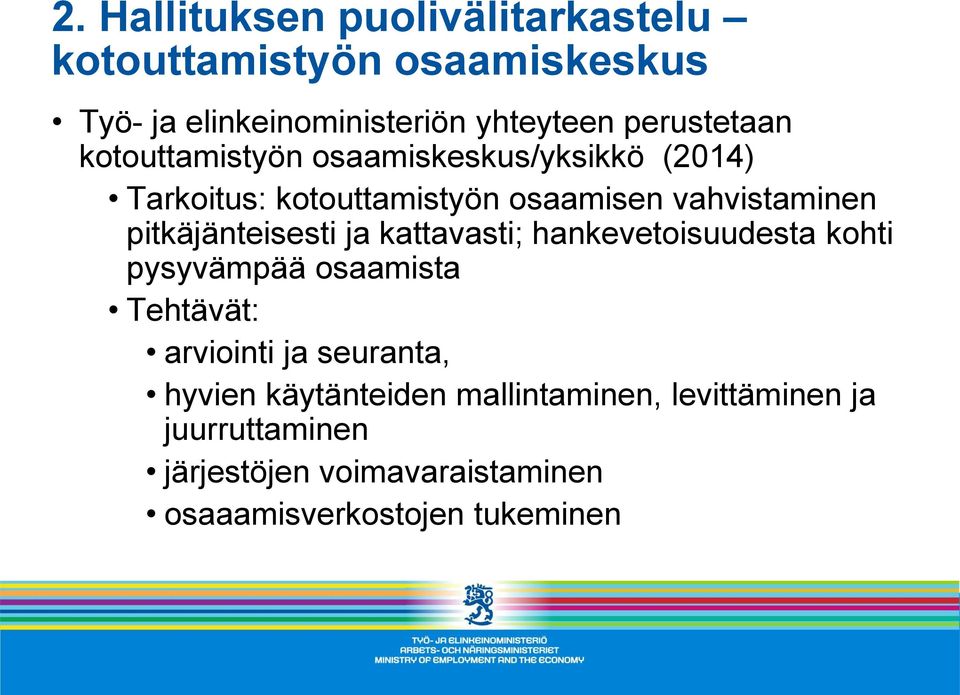 pitkäjänteisesti ja kattavasti; hankevetoisuudesta kohti pysyvämpää osaamista Tehtävät: arviointi ja seuranta,