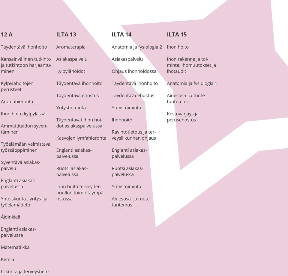 Syventävä asiakaspalvelu Englanti asiakaspalvelussa Yhteiskunta-, yritys- ja työelämätieto Täydentävä ihonhoito Täydentävä ehostus Yritystoiminta Täydentävät ihon hoidot asiakaspalvelussa Kasvojen