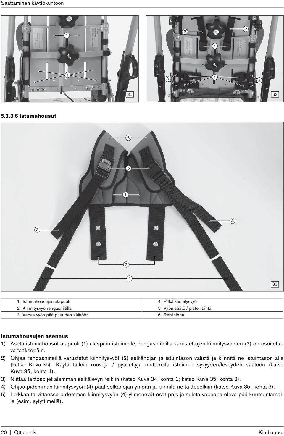 asennus 1) Aseta istumahousut alapuoli (1) alaspäin istuimelle, rengasniiteillä varustettujen kiinnitysvöiden (2) on osoitettava taaksepäin.