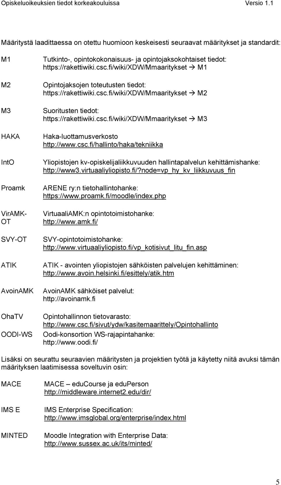 opintojaksokohtaiset tiedot: https://rakettiwiki.csc.fi/wiki/xdw/mmaaritykset M1 Opintojaksojen toteutusten tiedot: https://rakettiwiki.csc.fi/wiki/xdw/mmaaritykset M2 Suoritusten tiedot: https://rakettiwiki.