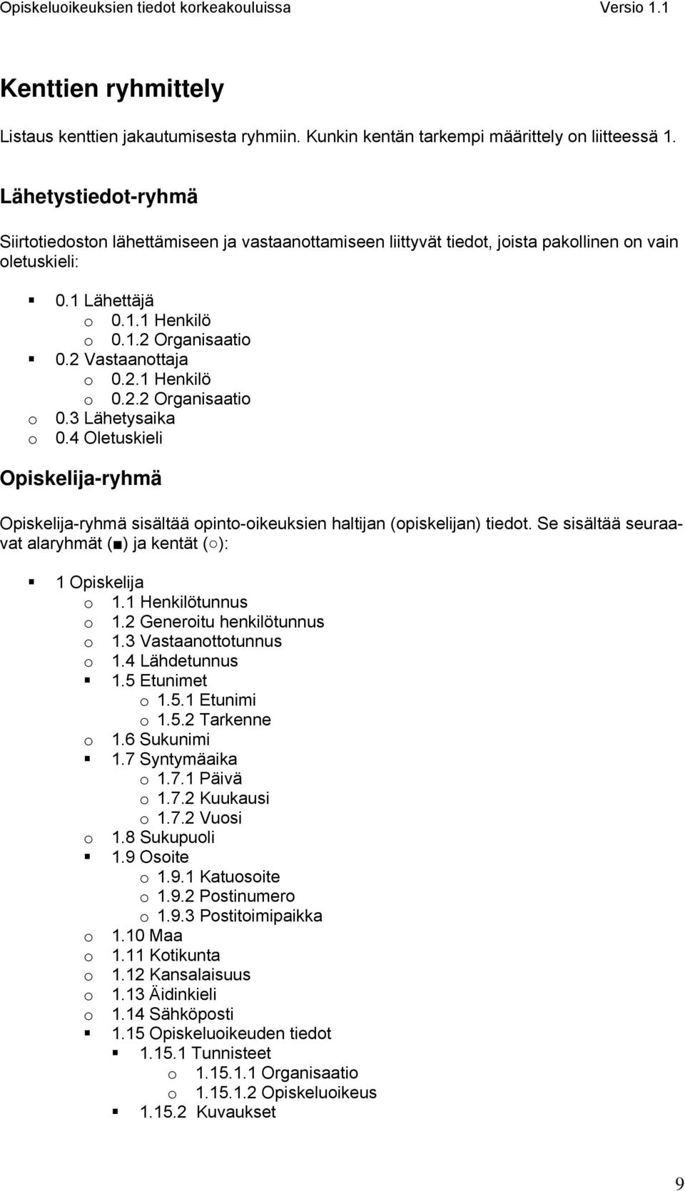 2 Vastaanottaja o 0.2.1 Henkilö o 0.2.2 Organisaatio o 0.3 Lähetysaika o 0.4 Oletuskieli Opiskelija-ryhmä Opiskelija-ryhmä sisältää opinto-oikeuksien haltijan (opiskelijan) tiedot.