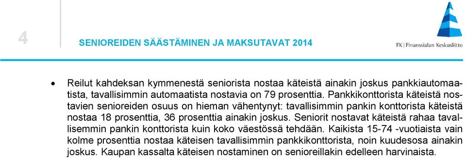 Pankkikonttorista käteistä nostavien senioreiden osuus on hieman vähentynyt: tavallisimmin pankin konttorista käteistä nostaa prosenttia, prosenttia ainakin