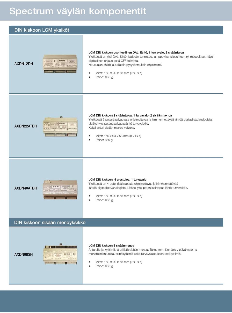 Mitat: 160 x 90 x 58 mm (k x l x s) Paino: 665 g AXDN22ATDH LCM DIN kiskoon 2 sisääntuloa, 1 turvavalo, 2 sisään menoa Yksikössä 2 potentiaalivapaata ohjelmoitavaa ja himmennettävää lähtöä