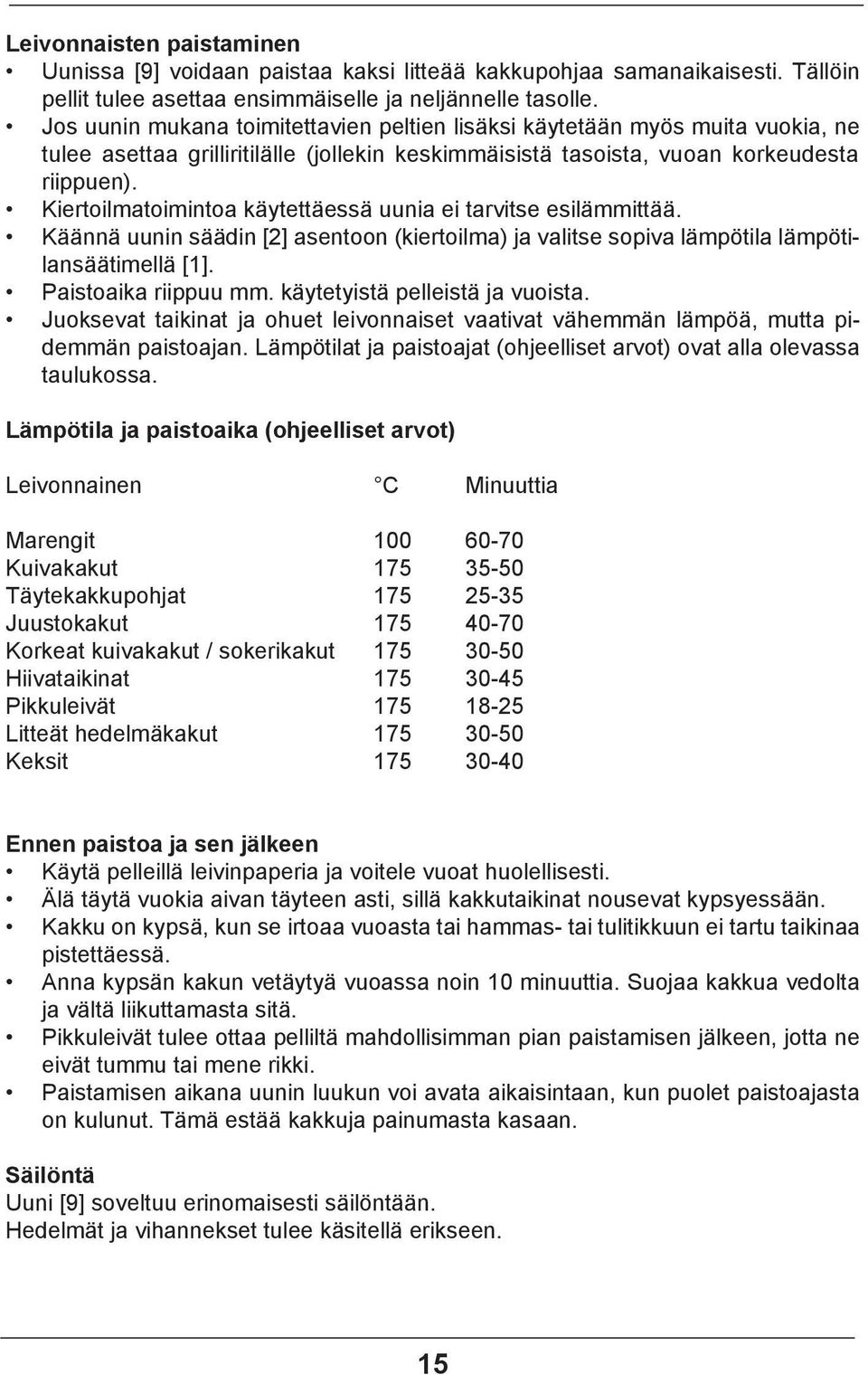 Kiertoilmatoimintoa käytettäessä uunia ei tarvitse esilämmittää. Käännä uunin säädin [2] asentoon (kiertoilma) ja valitse sopiva lämpötila lämpötilansäätimellä [1]. Paistoaika riippuu mm.