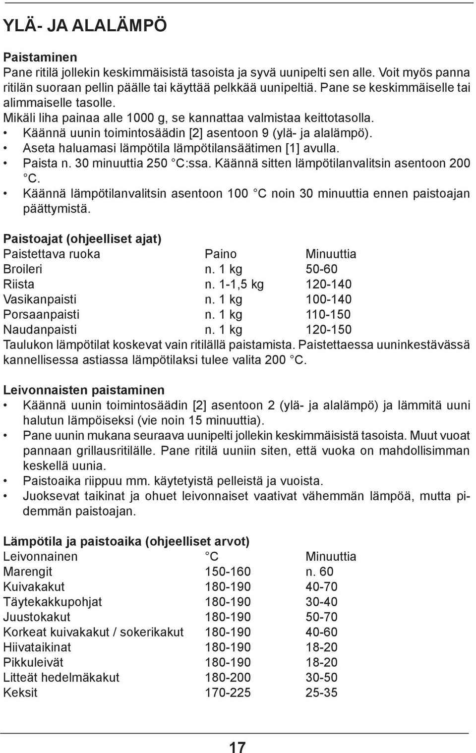 Aseta haluamasi lämpötila lämpötilansäätimen [1] avulla. Paista n. 30 minuuttia 250 C:ssa. Käännä sitten lämpötilanvalitsin asentoon 200 C.