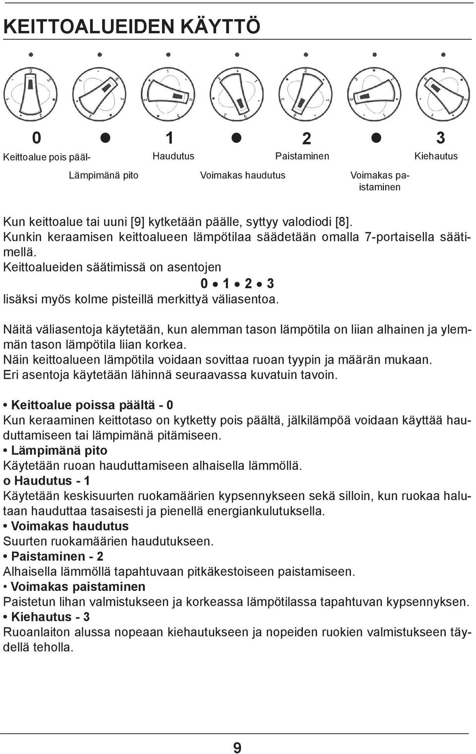 Näitä väliasentoja käytetään, kun alemman tason lämpötila on liian alhainen ja ylemmän tason lämpötila liian korkea. Näin keittoalueen lämpötila voidaan sovittaa ruoan tyypin ja määrän mukaan.