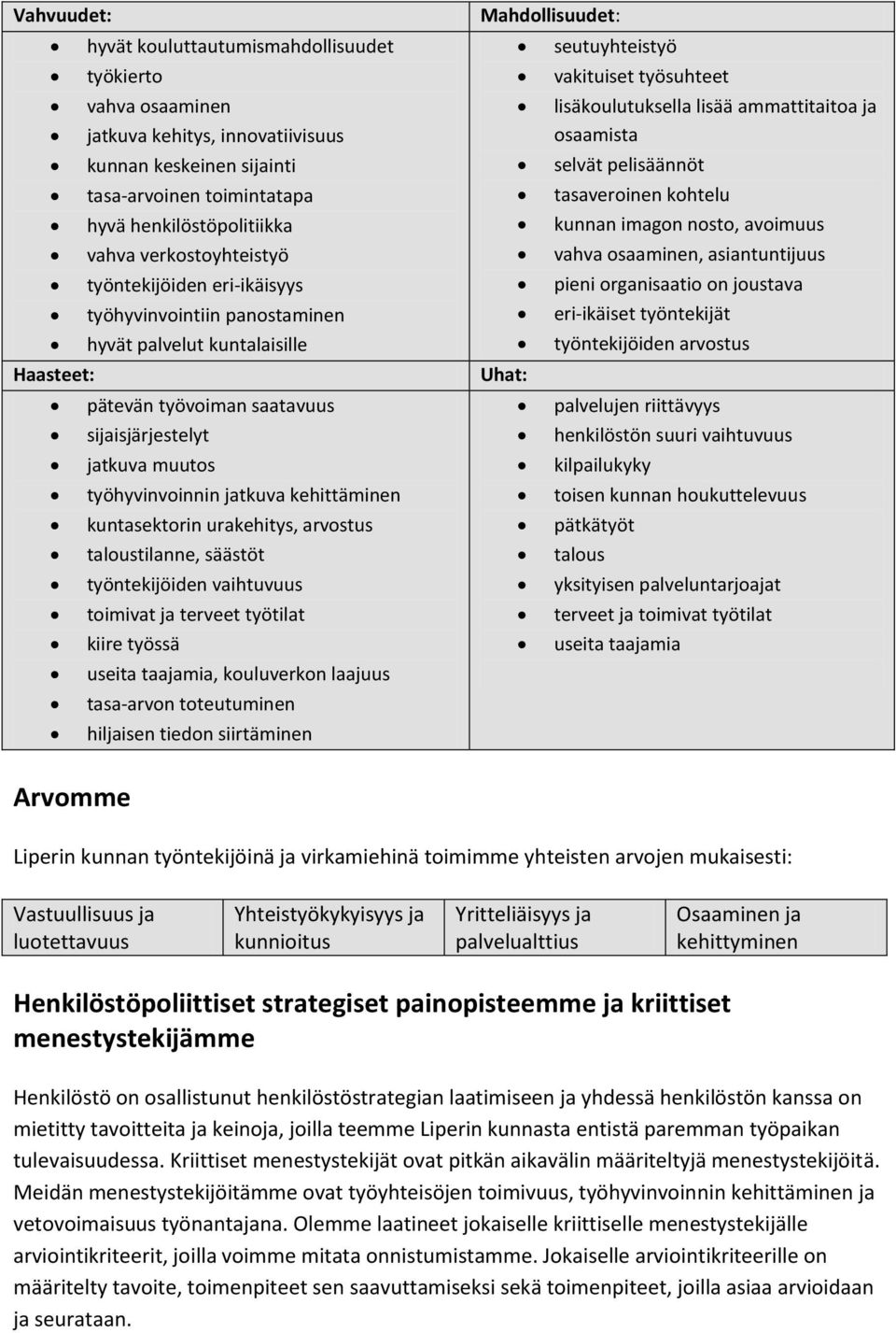 kehittäminen kuntasektorin urakehitys, arvostus taloustilanne, säästöt työntekijöiden vaihtuvuus toimivat ja terveet työtilat kiire työssä useita taajamia, kouluverkon laajuus tasa-arvon toteutuminen