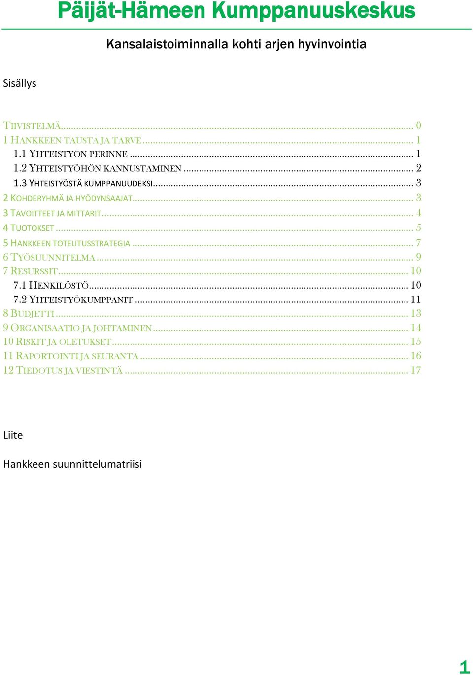 .. 4 4 TUOTOKSET... 5 5 HANKKEEN TOTEUTUSSTRATEGIA... 7 6 TYÖSUUNNITELMA... 9 7 RESURSSIT... 10 7.1 HENKILÖSTÖ... 10 7.2 YHTEISTYÖKUMPPANIT... 11 8 BUDJETTI.