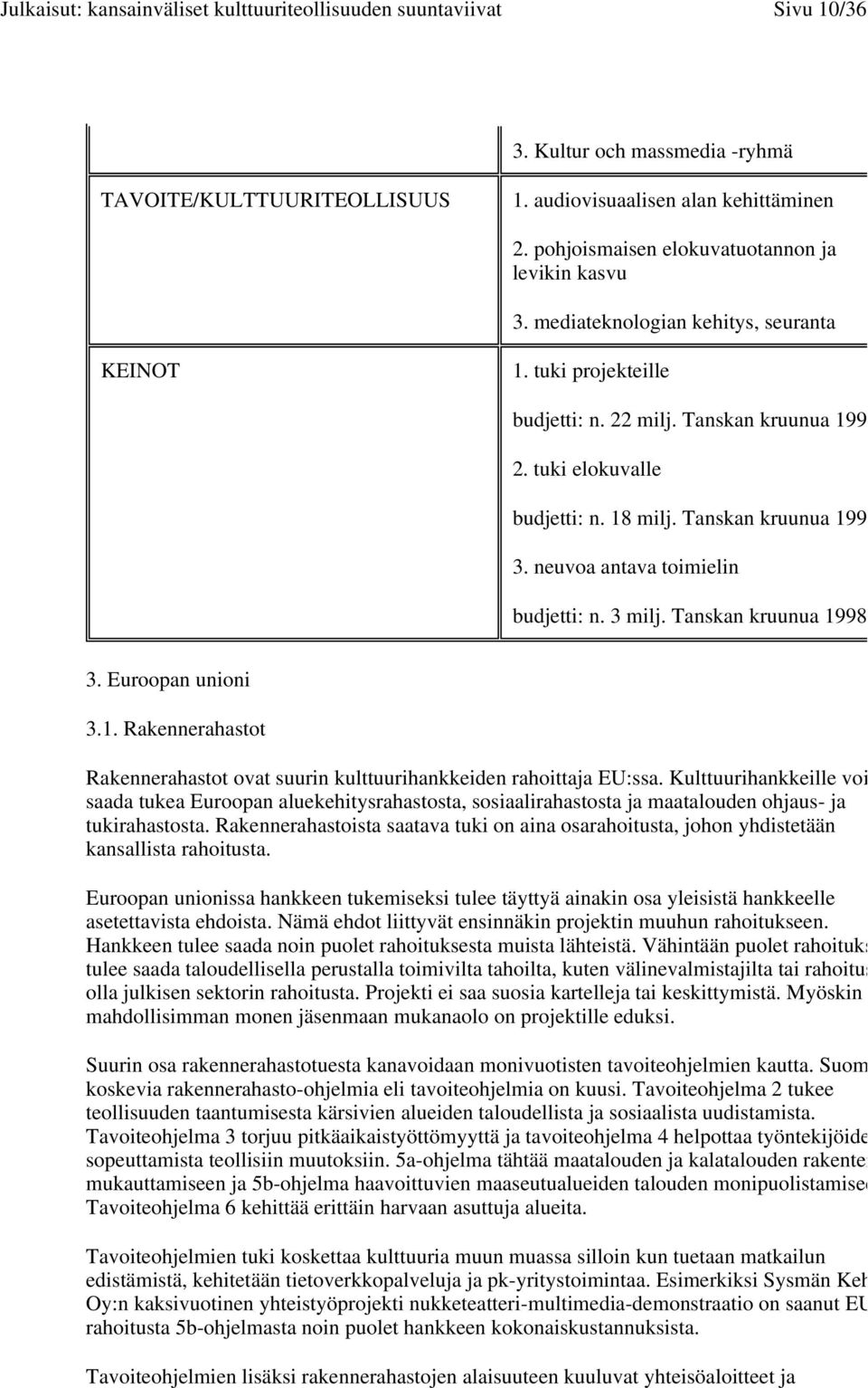 neuvoa antava toimielin budjetti: n. 3 milj. Tanskan kruunua 1998 3. Euroopan unioni 3.1. Rakennerahastot Rakennerahastot ovat suurin kulttuurihankkeiden rahoittaja EU:ssa.