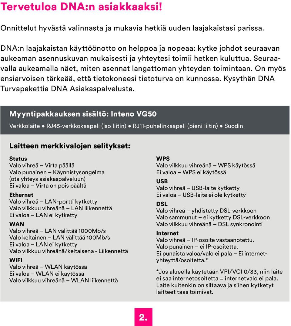 Seuraavalla aukeamalla näet, miten asennat langattoman yhteyden toimintaan. On myös ensiarvoisen tärkeää, että tietokoneesi tietoturva on kunnossa. Kysythän DNA Turvapakettia DNA Asiakaspalvelusta.