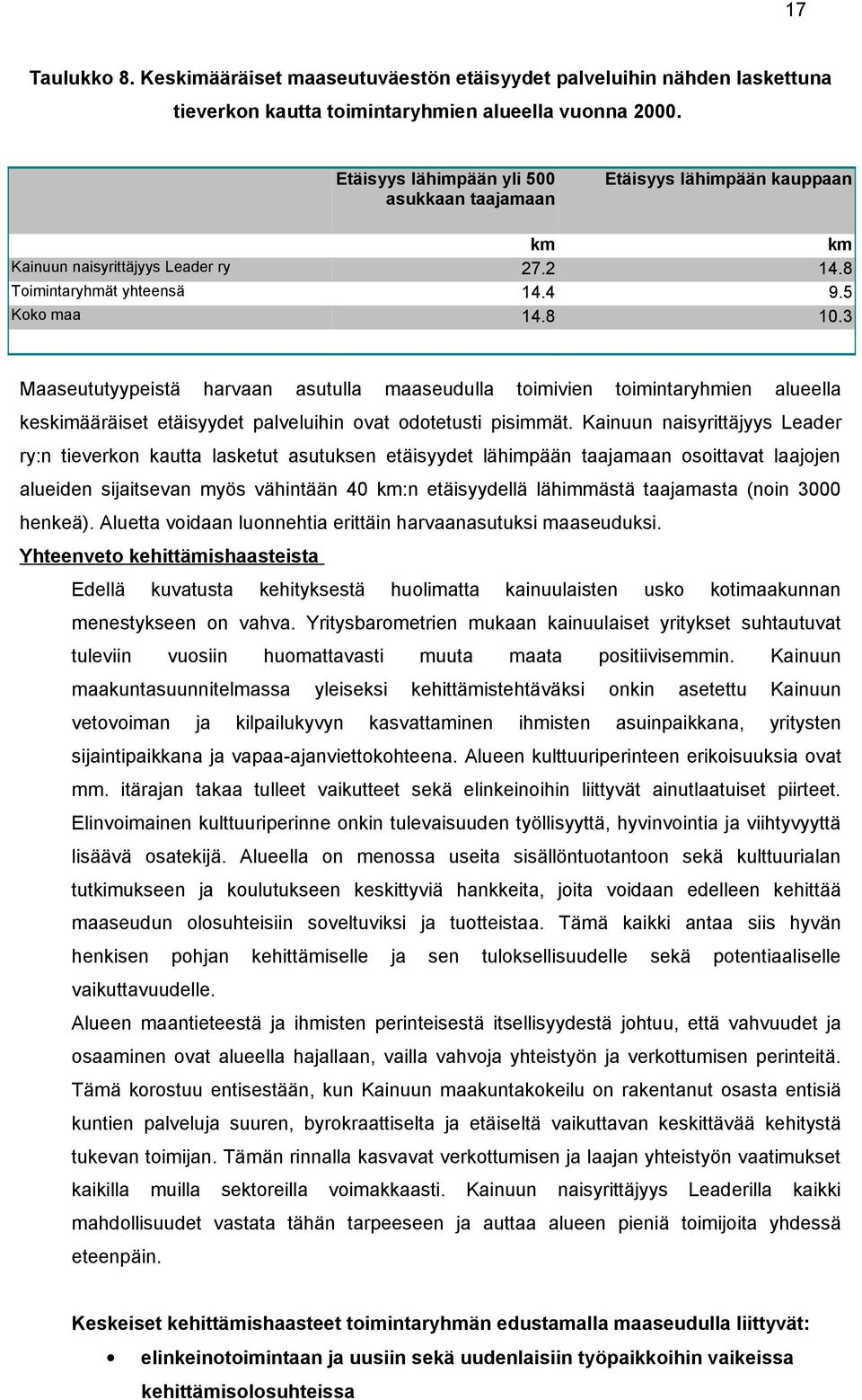 3 Kainuun naisyrittäjyys Leader ry Toimintaryhmät yhteensä Koko maa Maaseututyypeistä harvaan asutulla maaseudulla toimivien toimintaryhmien alueella keskimääräiset etäisyydet palveluihin ovat