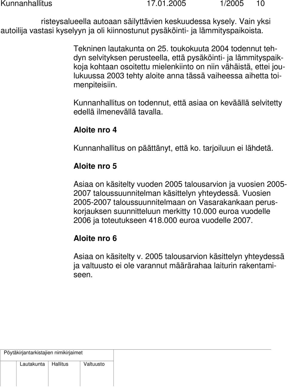 toukokuuta 2004 todennut tehdyn selvityksen perusteella, että pysäköinti- ja lämmityspaikkoja kohtaan osoitettu mielenkiinto on niin vähäistä, ettei joulukuussa 2003 tehty aloite anna tässä vaiheessa