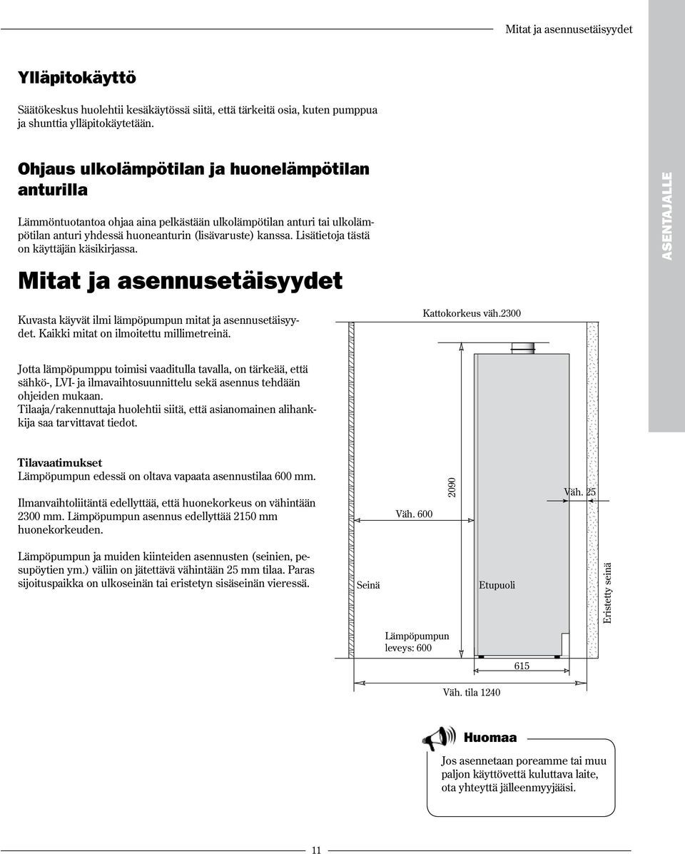 Lisätietoja tästä on käyttäjän käsikirjassa. Mitat ja asennusetäisyydet Kuvasta käyvät ilmi lämpöpumpun mitat ja asennusetäisyydet. Kaikki mitat on ilmoitettu millimetreinä. Kattokorkeus väh.