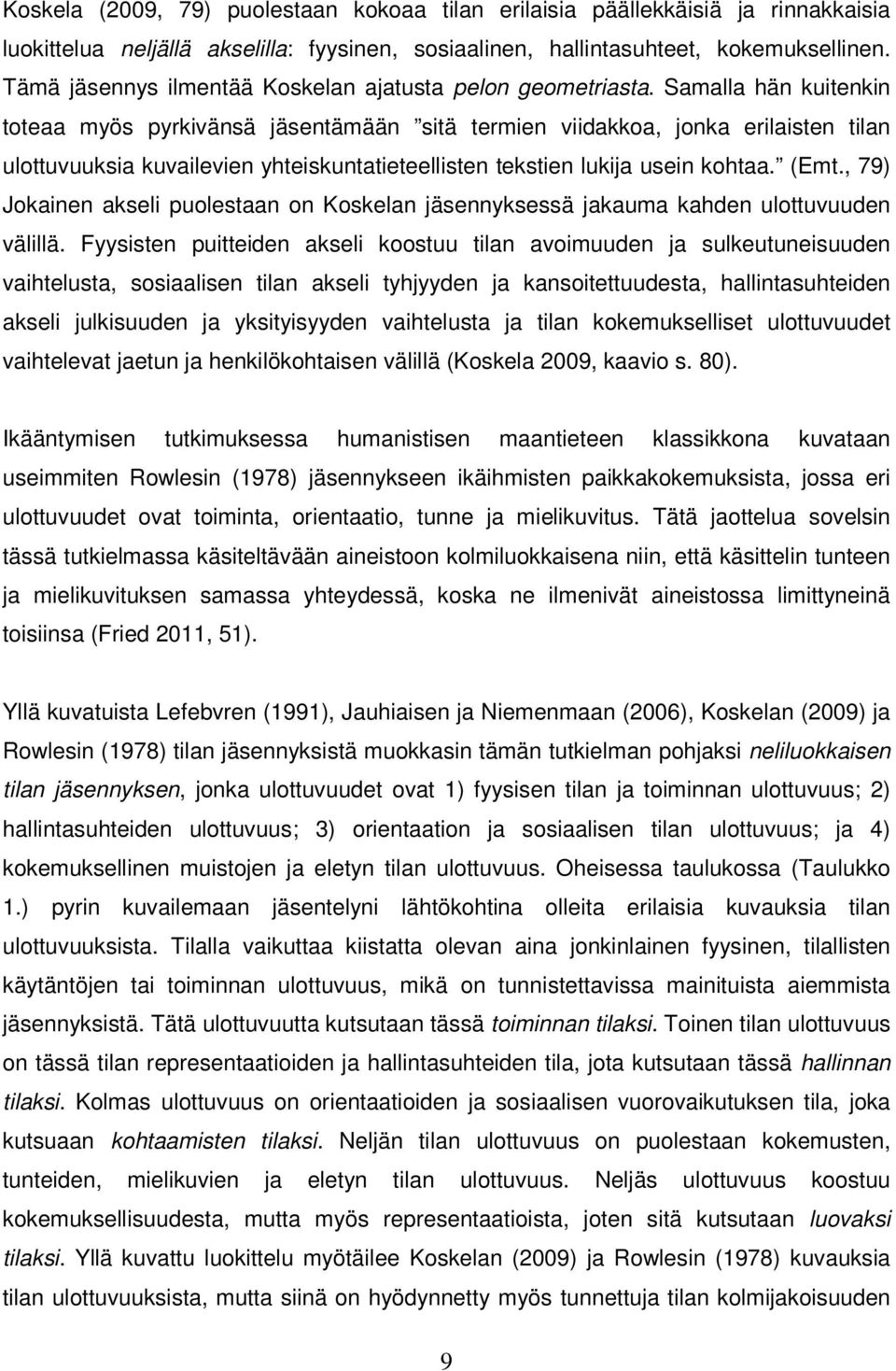 Samalla hän kuitenkin toteaa myös pyrkivänsä jäsentämään sitä termien viidakkoa, jonka erilaisten tilan ulottuvuuksia kuvailevien yhteiskuntatieteellisten tekstien lukija usein kohtaa. (Emt.