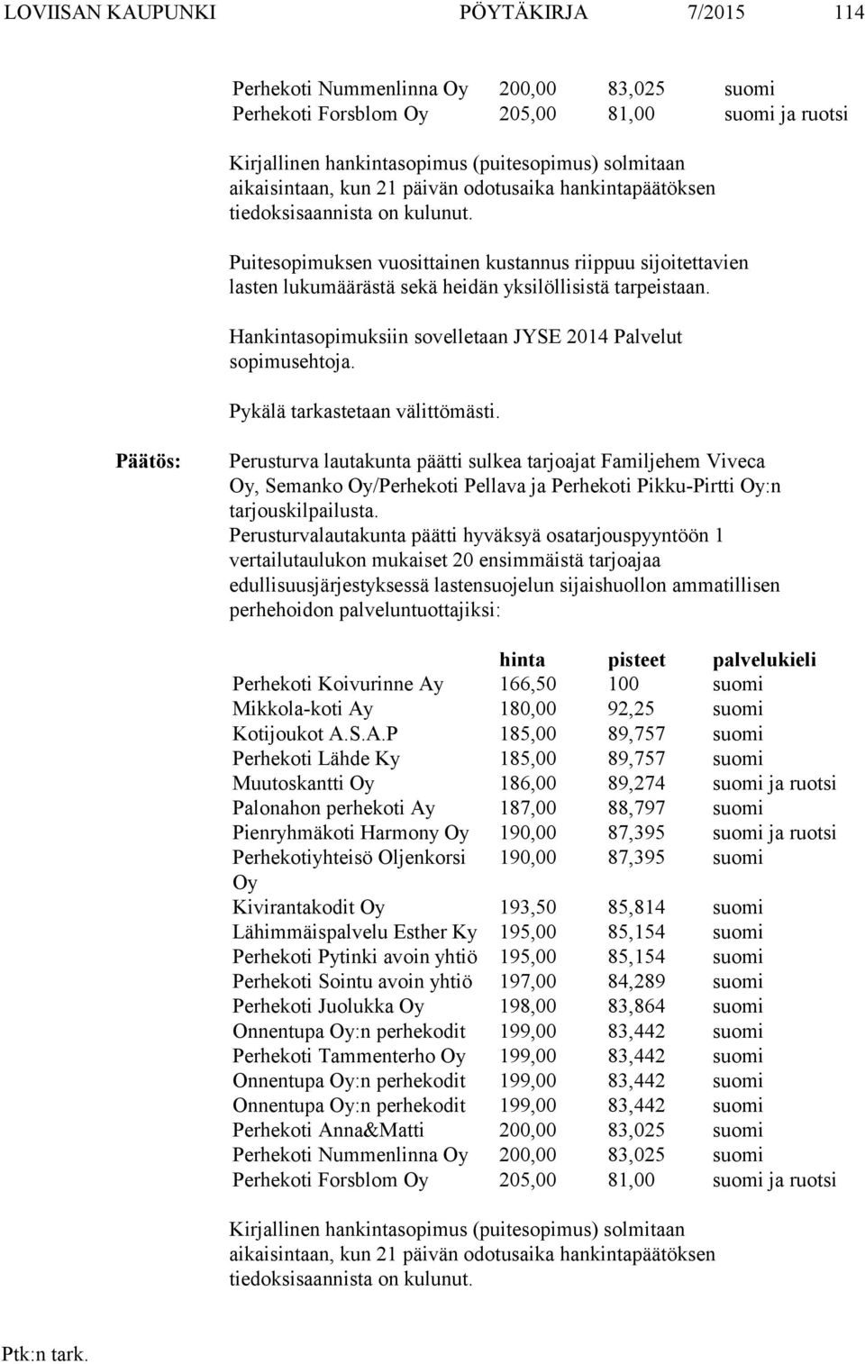 Puitesopimuksen vuosittainen kustannus riippuu sijoitettavien lasten lukumäärästä sekä heidän yksilöllisistä tarpeistaan. Hankintasopimuksiin sovelletaan JYSE 2014 Palvelut sopimusehtoja.