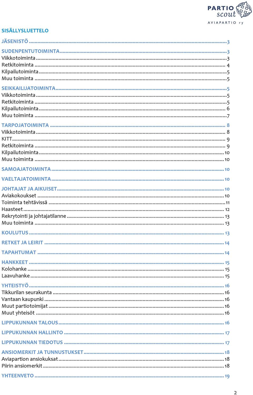 .. 10 JOHTAJAT JA AIKUISET... 10 Aviakokoukset... 10 Toiminta tehtävissä... 11 Haasteet... 12 Rekrytointi ja johtajatilanne... 13 Muu toiminta... 13 KOULUTUS... 13 RETKET JA LEIRIT... 14 TAPAHTUMAT.