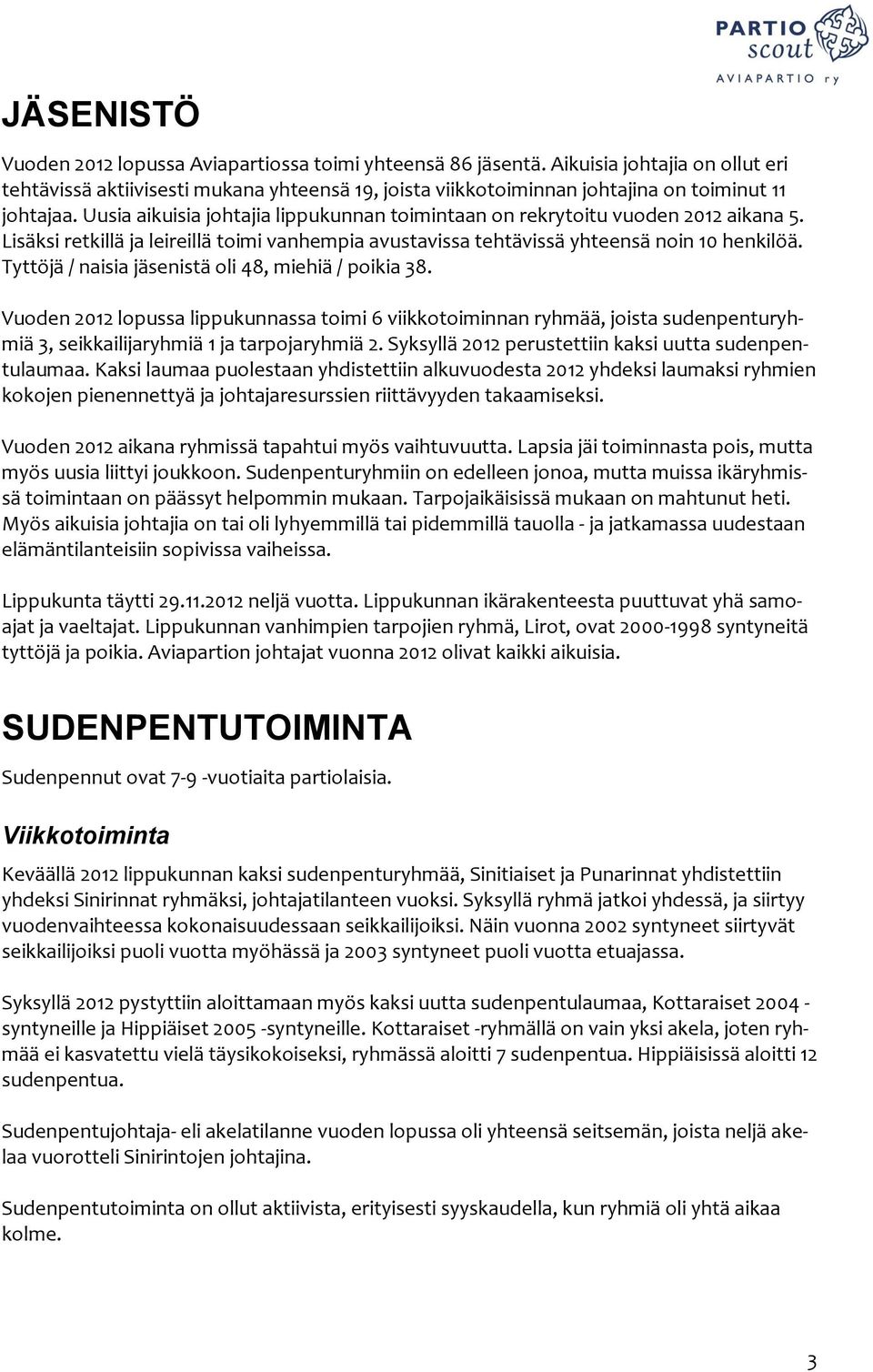 Uusia aikuisia johtajia lippukunnan toimintaan on rekrytoitu vuoden 2012 aikana 5. Lisäksi retkillä ja leireillä toimi vanhempia avustavissa tehtävissä yhteensä noin 10 henkilöä.