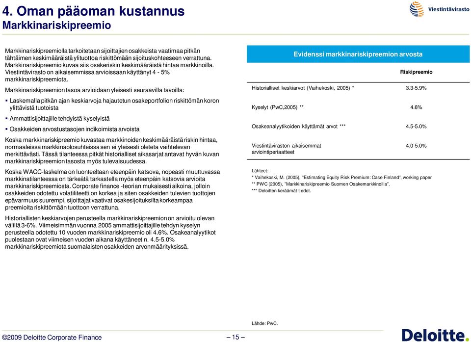 Markkinariskipreemion tasoa arvioidaan yleisesti seuraavilla tavoilla: Laskemalla pitkän ajan keskiarvoja hajautetun osakeportfolion riskittömän koron ylittävistä tuotoista Ammattisijoittajille