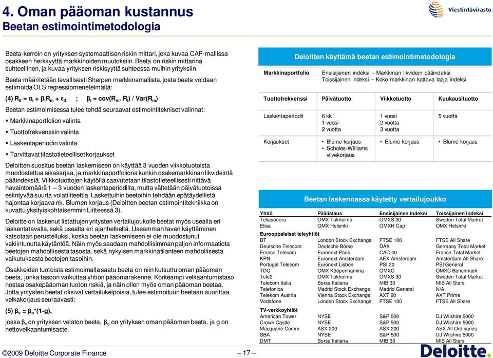 Beeta määritetään tavallisesti Sharpen markkinamallista, josta beeta voidaan estimoida OLS regressiomenetelmällä: (4) R it = i + i R m + it ; i = cov(r m, R i ) / Var(R m ) Beetan estimoimisessa