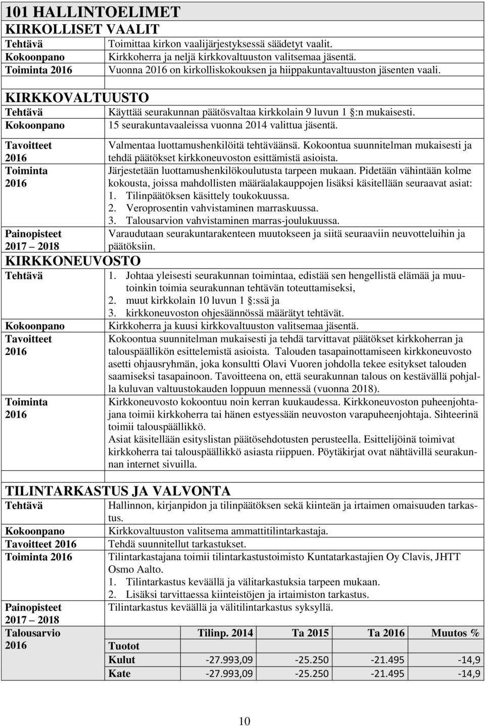 Käyttää seurakunnan päätösvaltaa kirkkolain 9 luvun 1 :n mukaisesti. 15 seurakuntavaaleissa vuonna 2014 valittua jäsentä. Valmentaa luottamushenkilöitä tehtäväänsä.