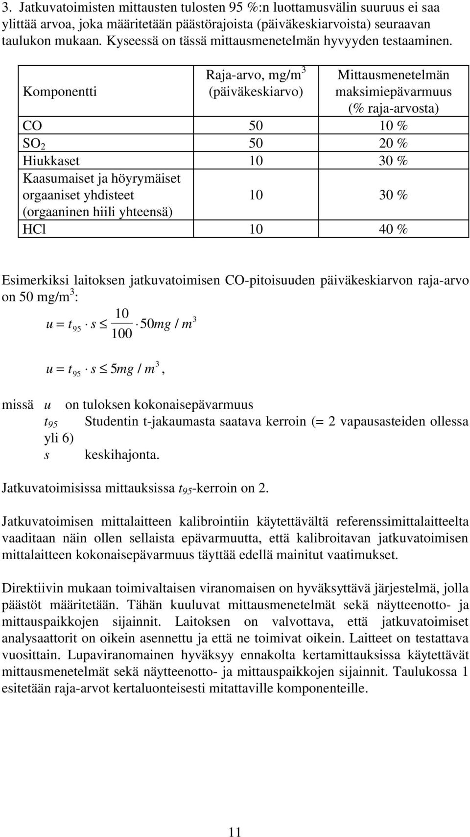 Komponentti Raja-arvo, mg/m 3 (päiväkeskiarvo) Mittausmenetelmän maksimiepävarmuus (% raja-arvosta) CO 50 10 % SO 2 50 20 % Hiukkaset 10 30 % Kaasumaiset ja höyrymäiset orgaaniset yhdisteet