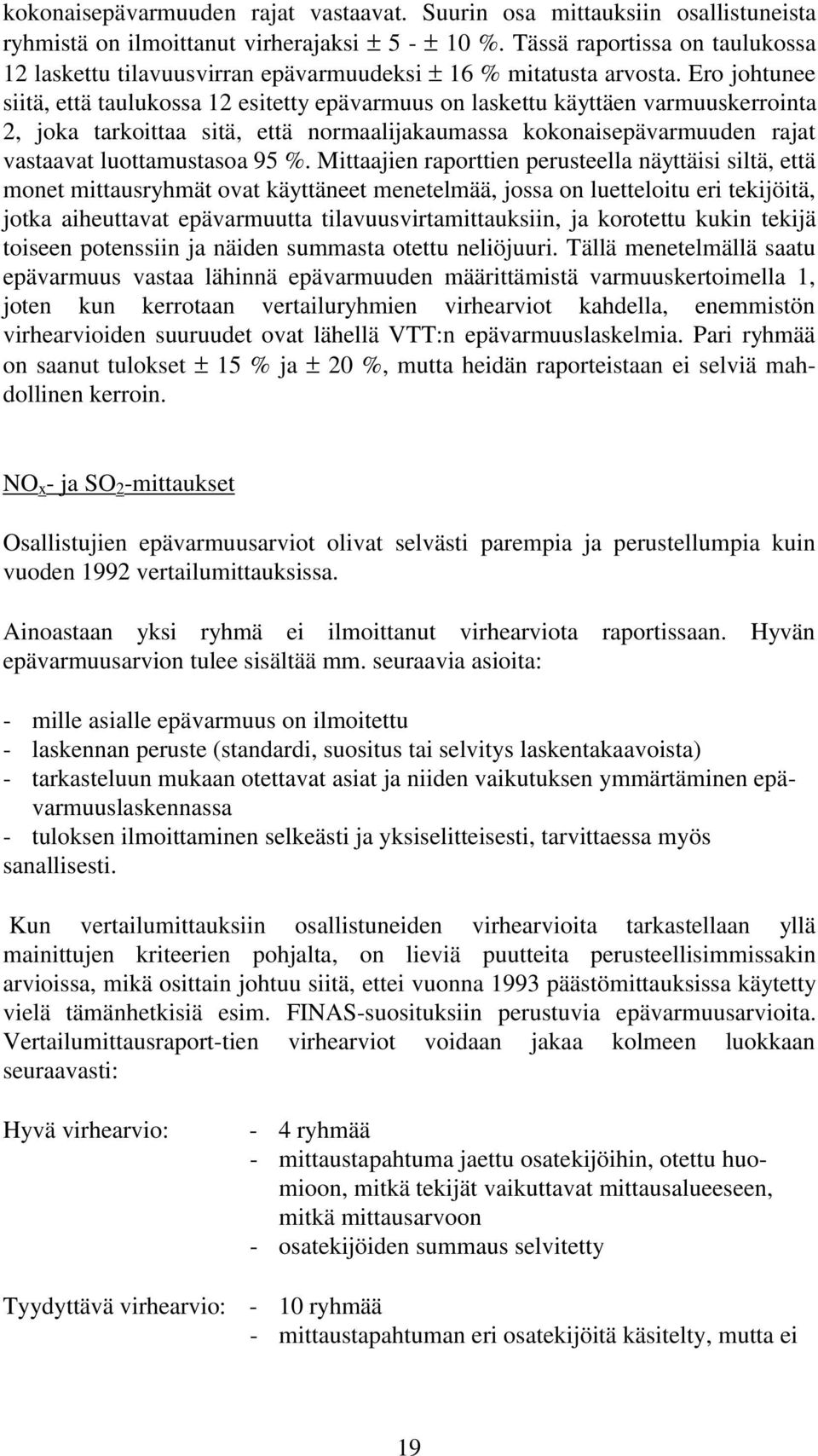 Ero johtunee siitä, että taulukossa 12 esitetty epävarmuus on laskettu käyttäen varmuuskerrointa 2, joka tarkoittaa sitä, että normaalijakaumassa kokonaisepävarmuuden rajat vastaavat luottamustasoa