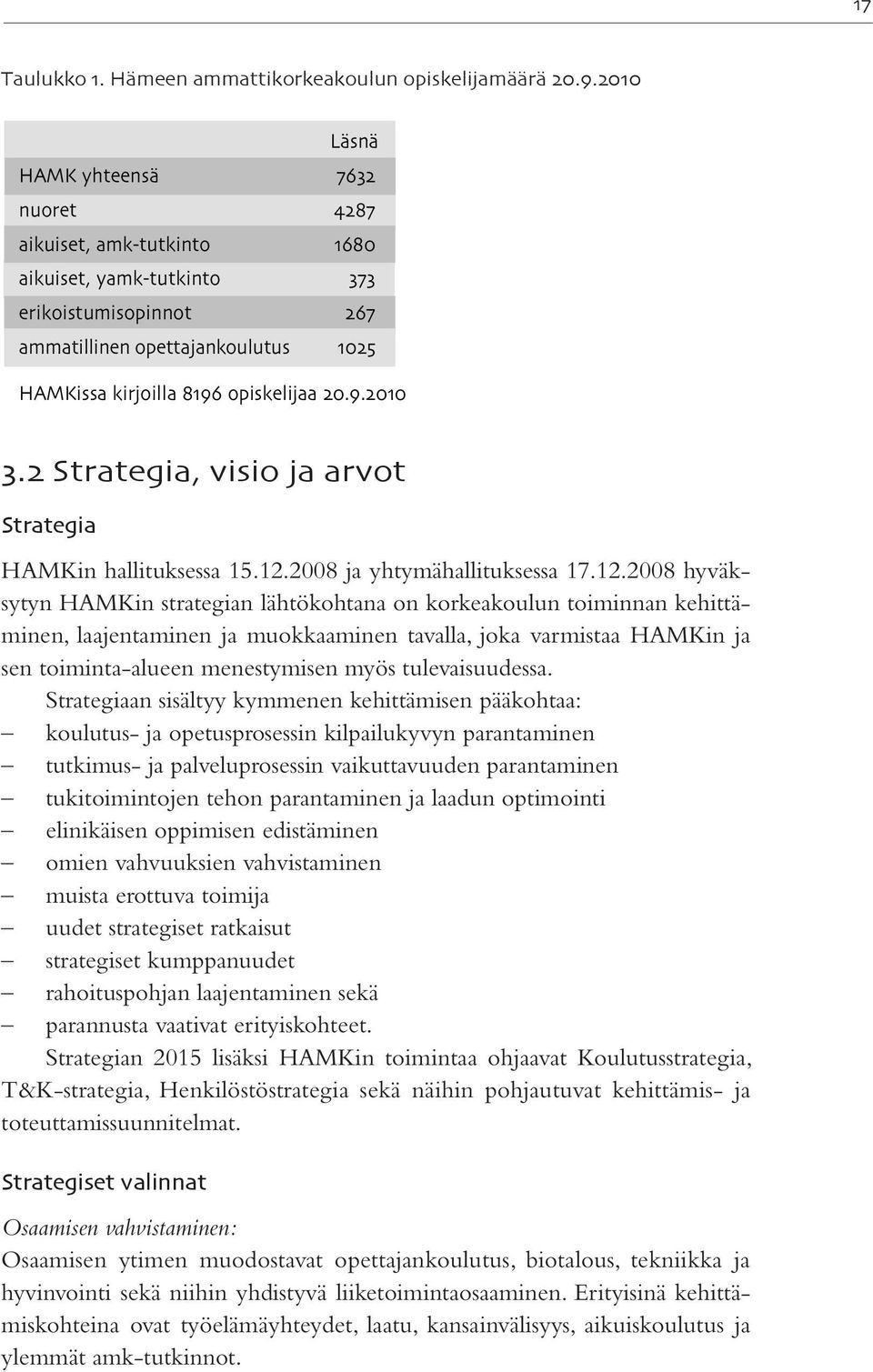20.9.2010 3.2 Strategia, visio ja arvot Strategia HAMKin hallituksessa 15.12.