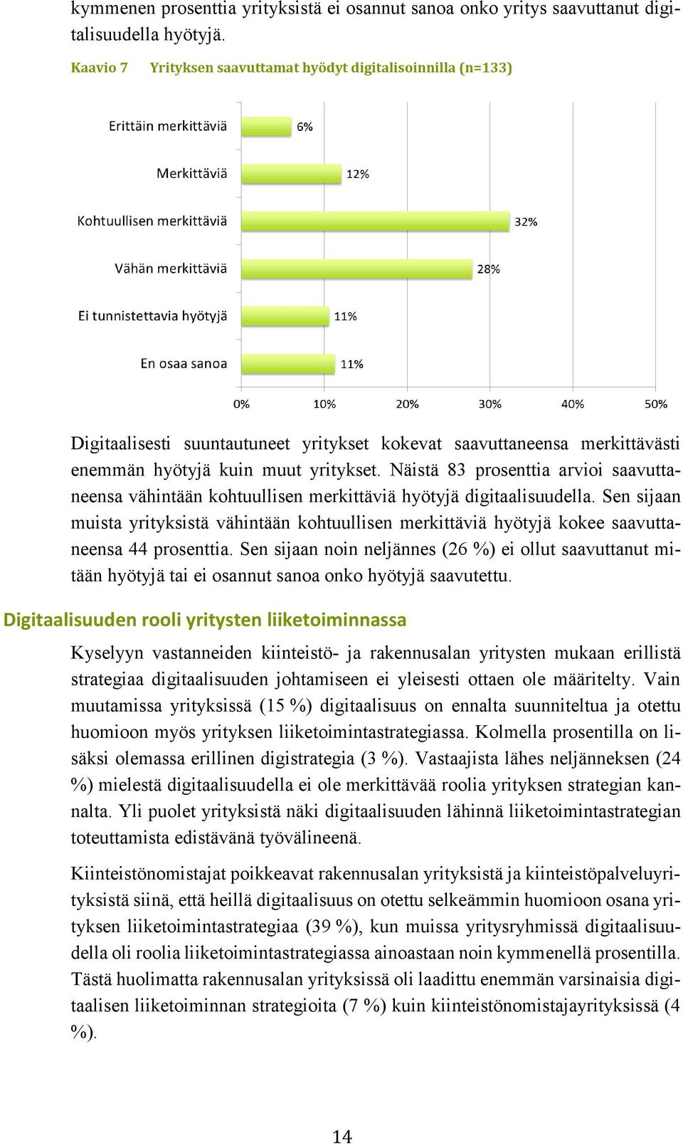 Näistä 83 prosenttia arvioi saavuttaneensa vähintään kohtuullisen merkittäviä hyötyjä digitaalisuudella.