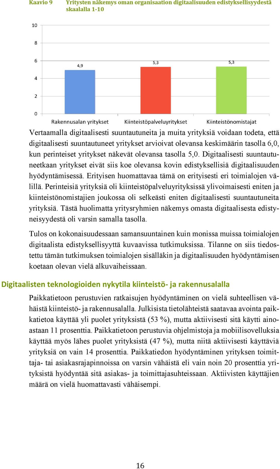 Digitaalisesti suuntautuneetkaan yritykset eivät siis koe olevansa kovin edistyksellisiä digitaalisuuden hyödyntämisessä. Erityisen huomattavaa tämä on erityisesti eri toimialojen välillä.