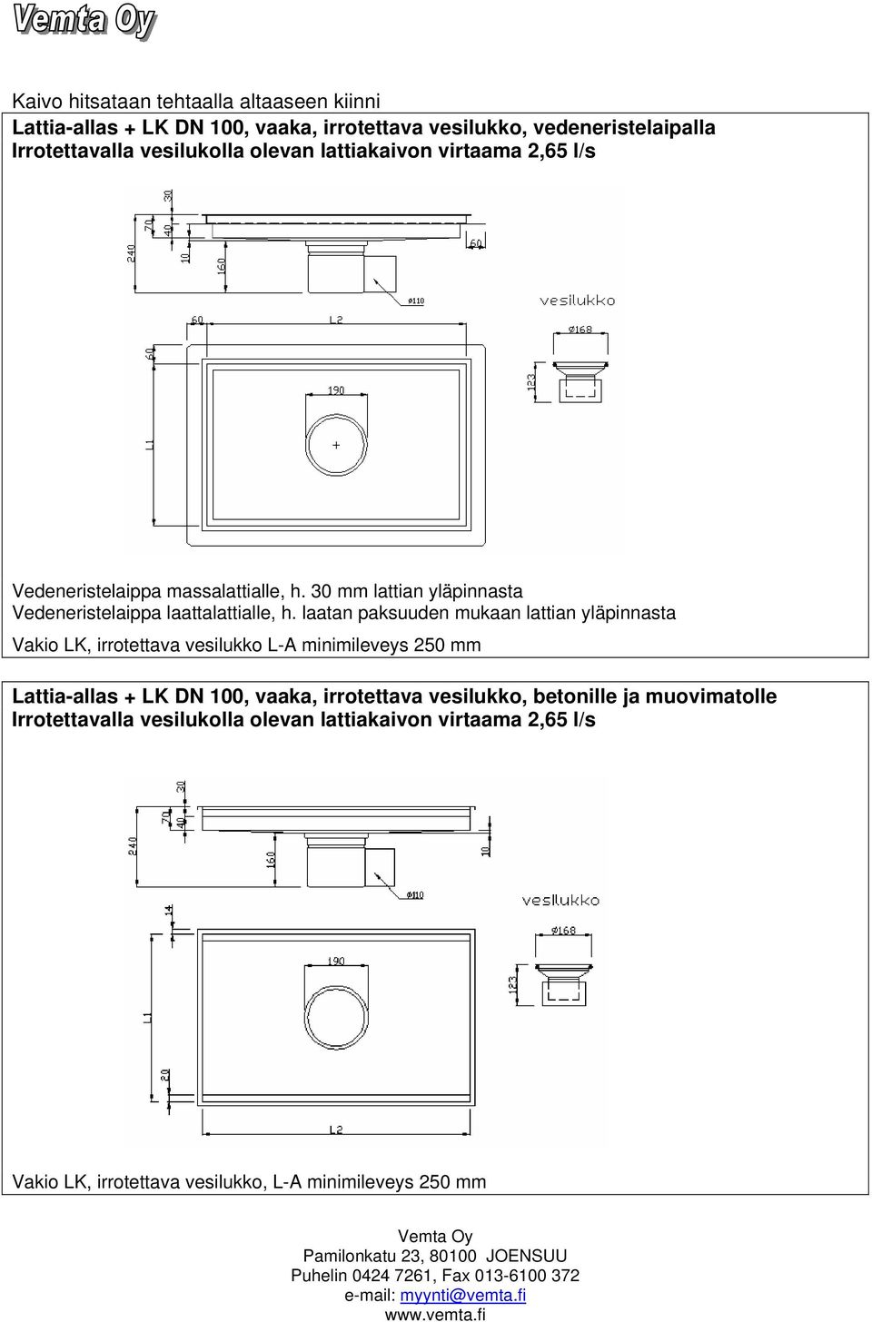 laatan paksuuden mukaan lattian yläpinnasta Vakio LK, irrotettava vesilukko L-A minimileveys 250 mm Lattia-allas + LK DN 100, vaaka, irrotettava