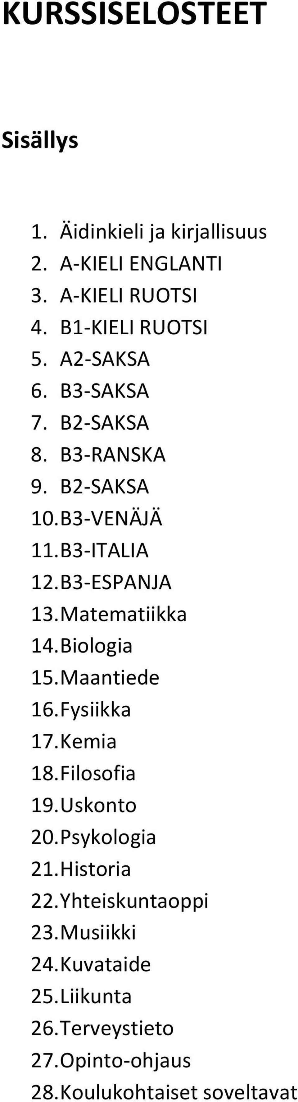 Matematiikka 14. Biologia 15. Maantiede 16. Fysiikka 17. Kemia 18. Filosofia 19. Uskonto 20. Psykologia 21.