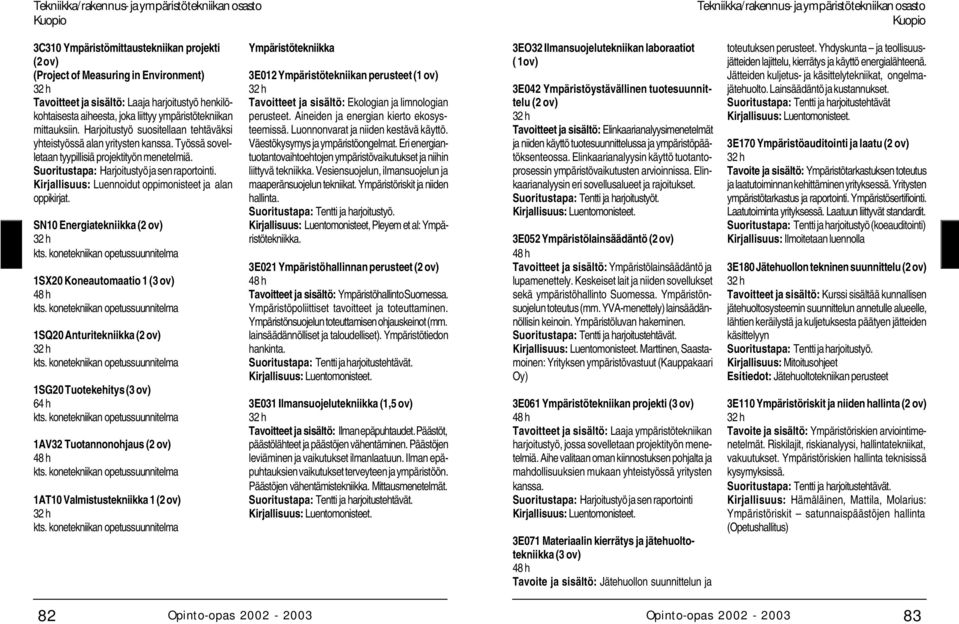 Kirjallisuus: Luennoidut oppimonisteet ja alan oppikirjat. SN10 Energiatekniikka kts. konetekniikan opetussuunnitelma 1SX20 Koneautomaatio 1 (3 ov) kts.