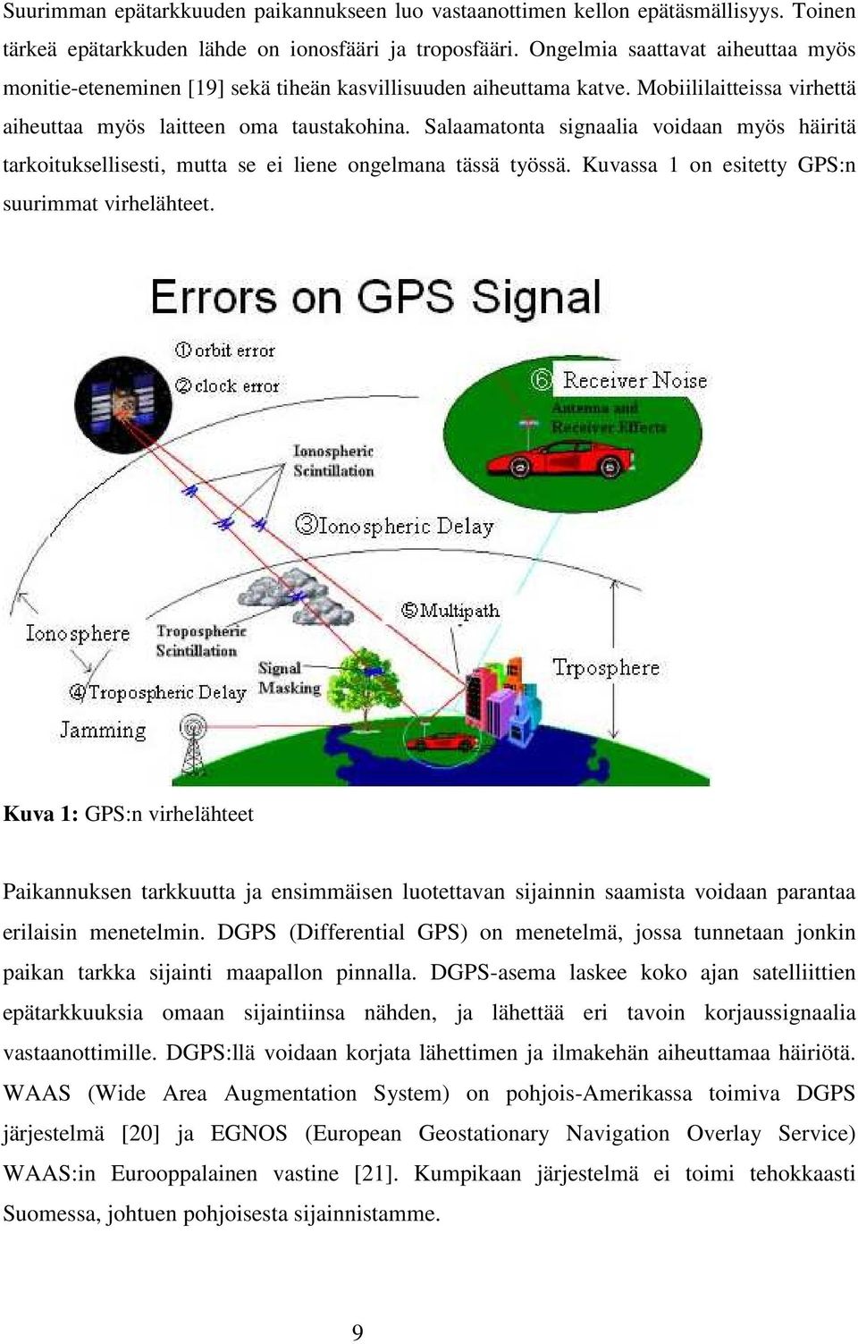 Salaamatonta signaalia voidaan myös häiritä tarkoituksellisesti, mutta se ei liene ongelmana tässä työssä. Kuvassa 1 on esitetty GPS:n suurimmat virhelähteet.