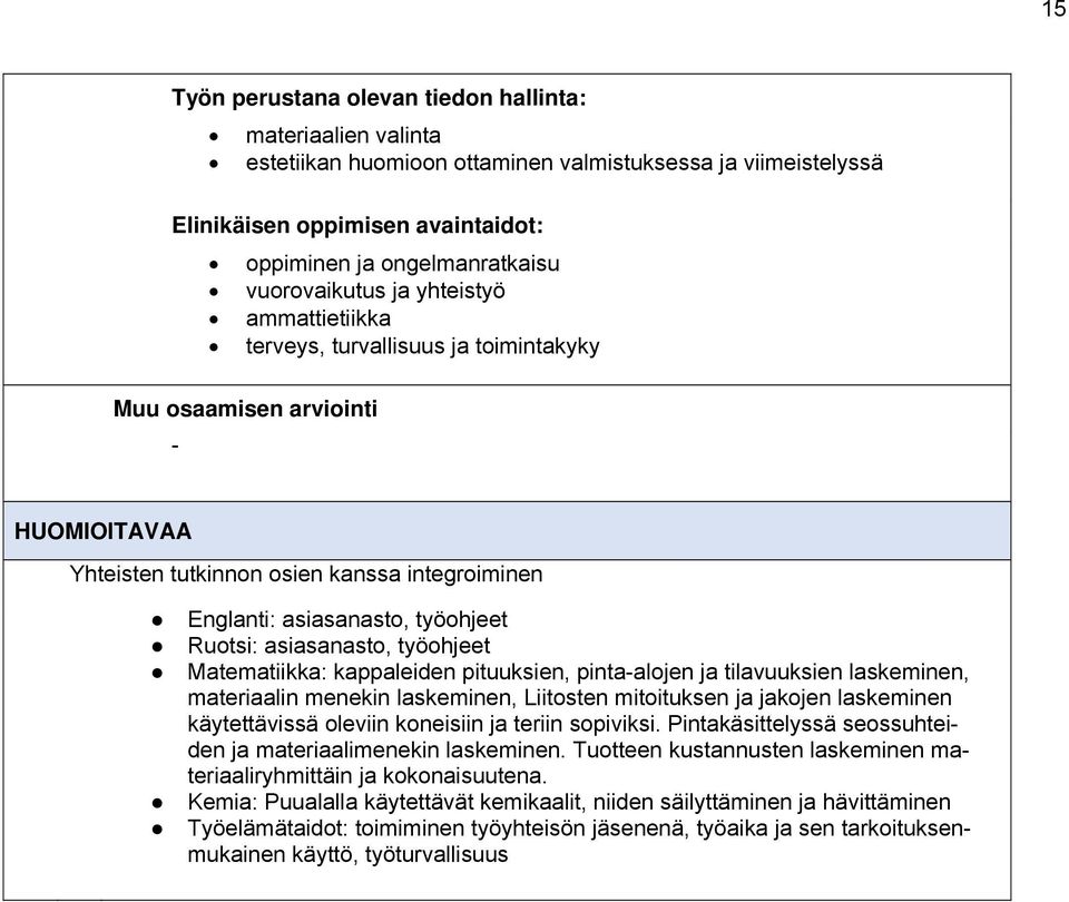 työhjeet Matematiikka: kappaleiden pituuksien, pinta-aljen ja tilavuuksien laskeminen, materiaalin menekin laskeminen, Liitsten mitituksen ja jakjen laskeminen käytettävissä leviin kneisiin ja teriin