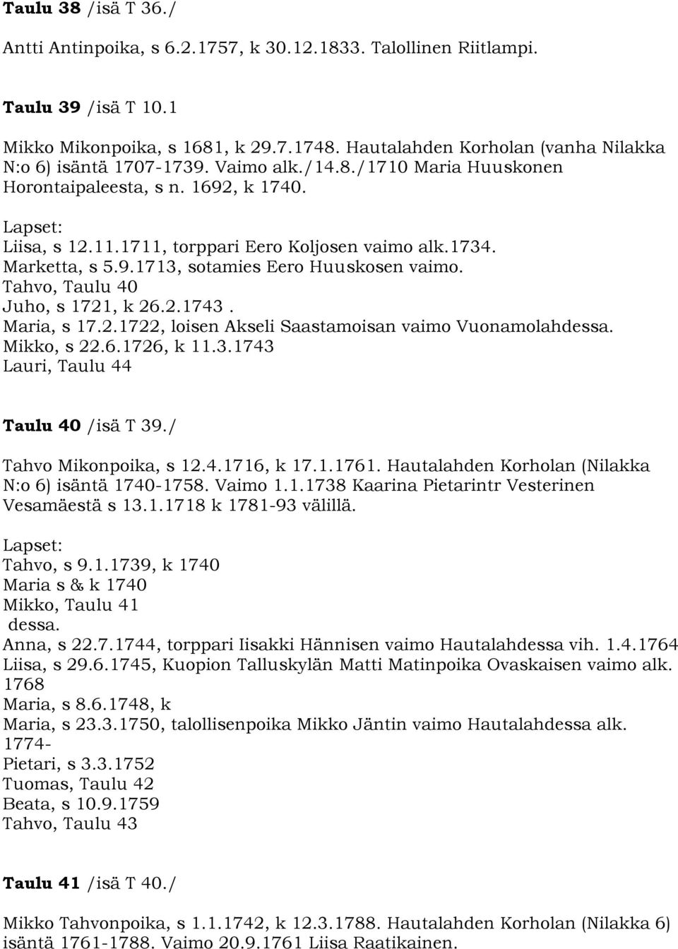 Marketta, s 5.9.1713, sotamies Eero Huuskosen vaimo. Tahvo, Taulu 40 Juho, s 1721, k 26.2.1743. Maria, s 17.2.1722, loisen Akseli Saastamoisan vaimo Vuonamolahdessa. Mikko, s 22.6.1726, k 11.3.1743 Lauri, Taulu 44 Taulu 40 /isä T 39.