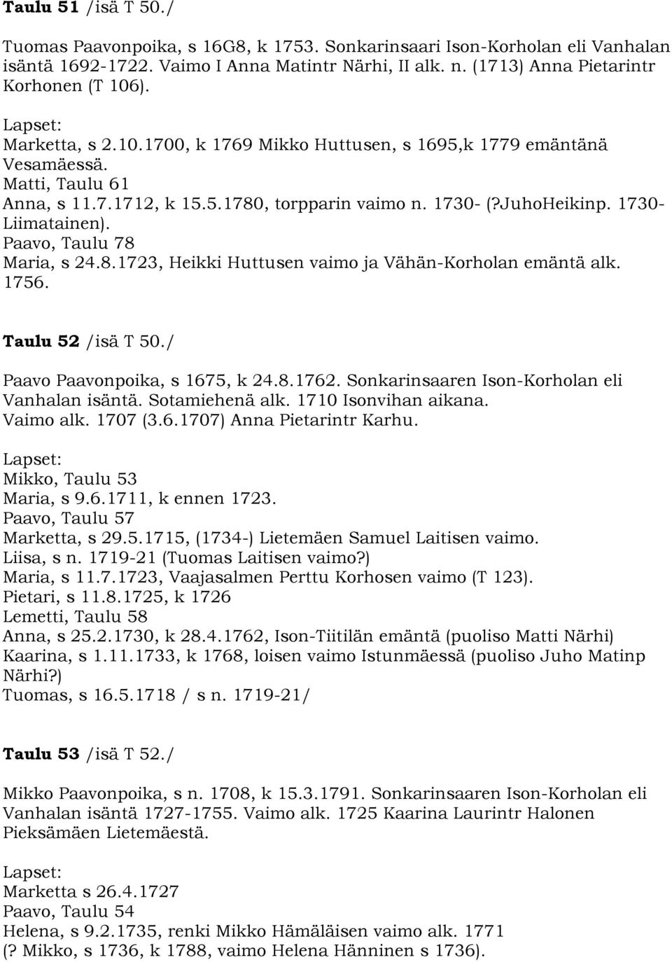 Paavo, Taulu 78 Maria, s 24.8.1723, Heikki Huttusen vaimo ja Vähän-Korholan emäntä alk. 1756. Taulu 52 /isä T 50./ Paavo Paavonpoika, s 1675, k 24.8.1762.