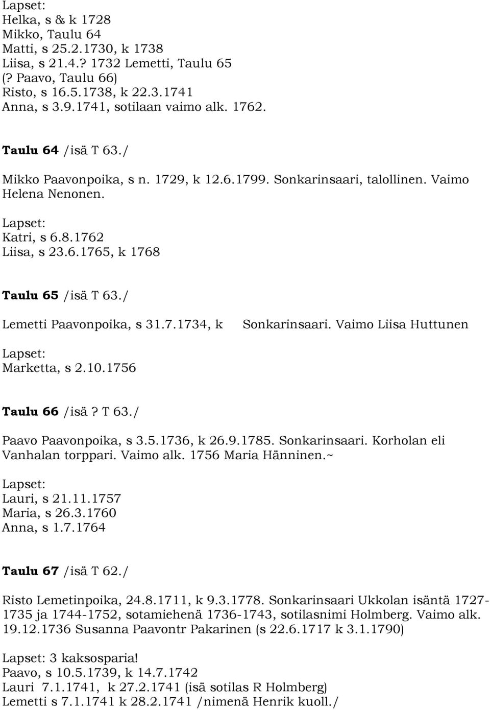 / Lemetti Paavonpoika, s 31.7.1734, k Sonkarinsaari. Vaimo Liisa Huttunen Marketta, s 2.10.1756 Taulu 66 /isä? T 63./ Paavo Paavonpoika, s 3.5.1736, k 26.9.1785. Sonkarinsaari. Korholan eli Vanhalan torppari.