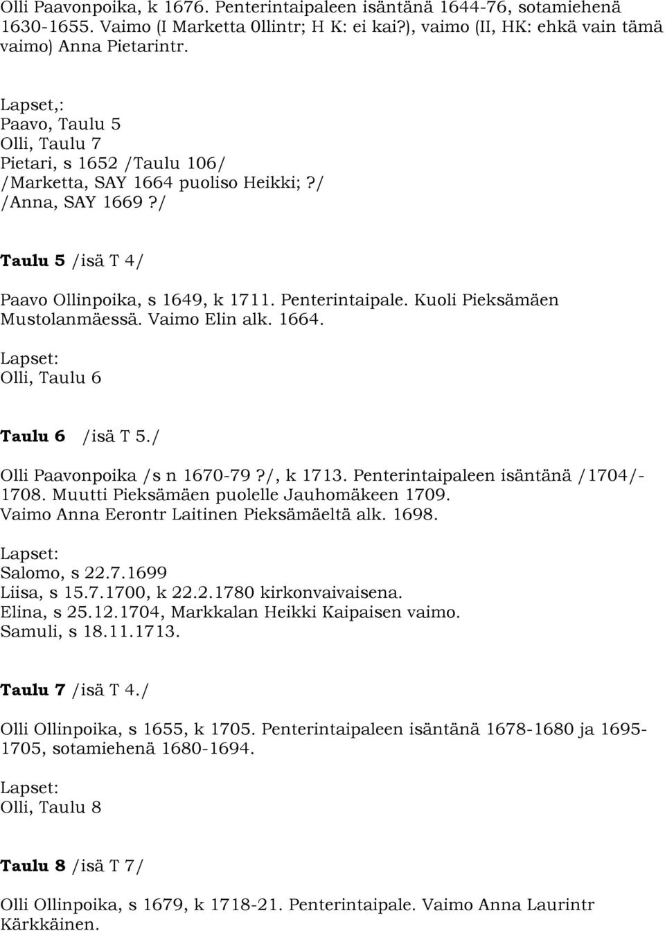 Kuoli Pieksämäen Mustolanmäessä. Vaimo Elin alk. 1664. Olli, Taulu 6 Taulu 6 /isä T 5./ Olli Paavonpoika /s n 1670-79?/, k 1713. Penterintaipaleen isäntänä /1704/- 1708.