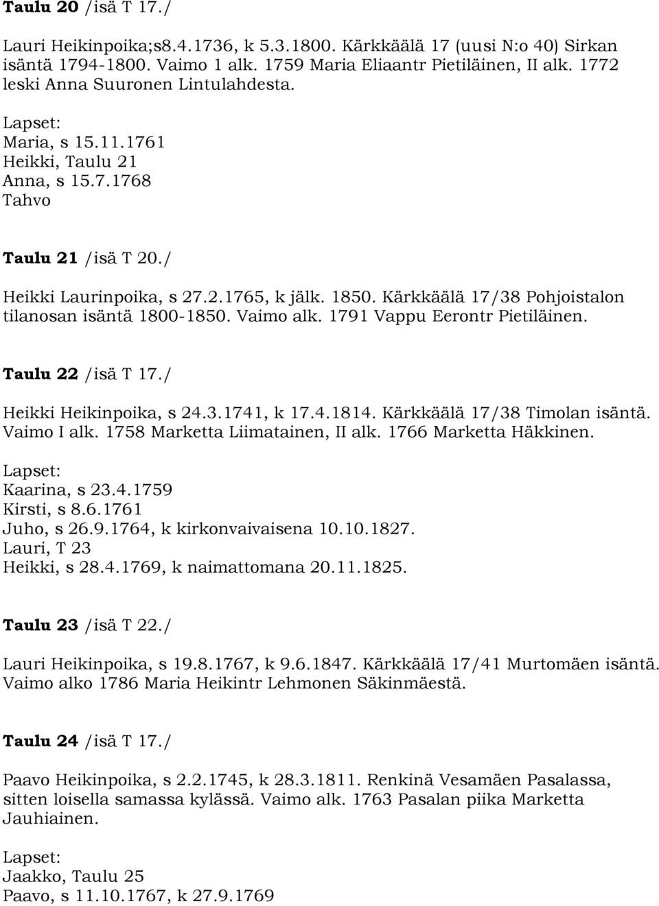 Kärkkäälä 17/38 Pohjoistalon tilanosan isäntä 1800-1850. Vaimo alk. 1791 Vappu Eerontr Pietiläinen. Taulu 22 /isä T 17./ Heikki Heikinpoika, s 24.3.1741, k 17.4.1814. Kärkkäälä 17/38 Timolan isäntä.