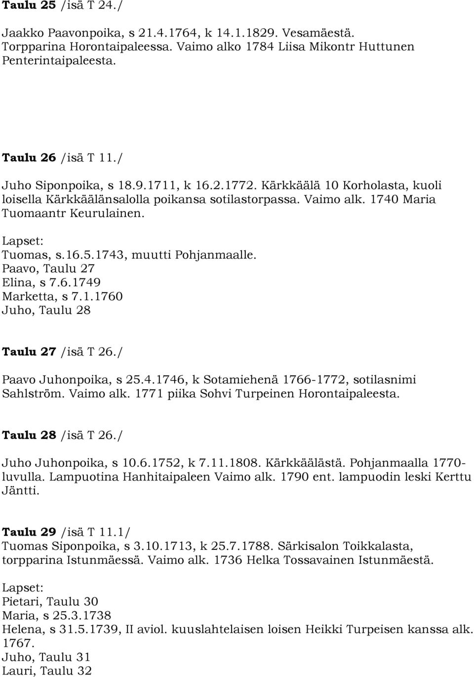 1743, muutti Pohjanmaalle. Paavo, Taulu 27 Elina, s 7.6.1749 Marketta, s 7.1.1760 Juho, Taulu 28 Taulu 27 /isä T 26./ Paavo Juhonpoika, s 25.4.1746, k Sotamiehenä 1766-1772, sotilasnimi Sahlström.