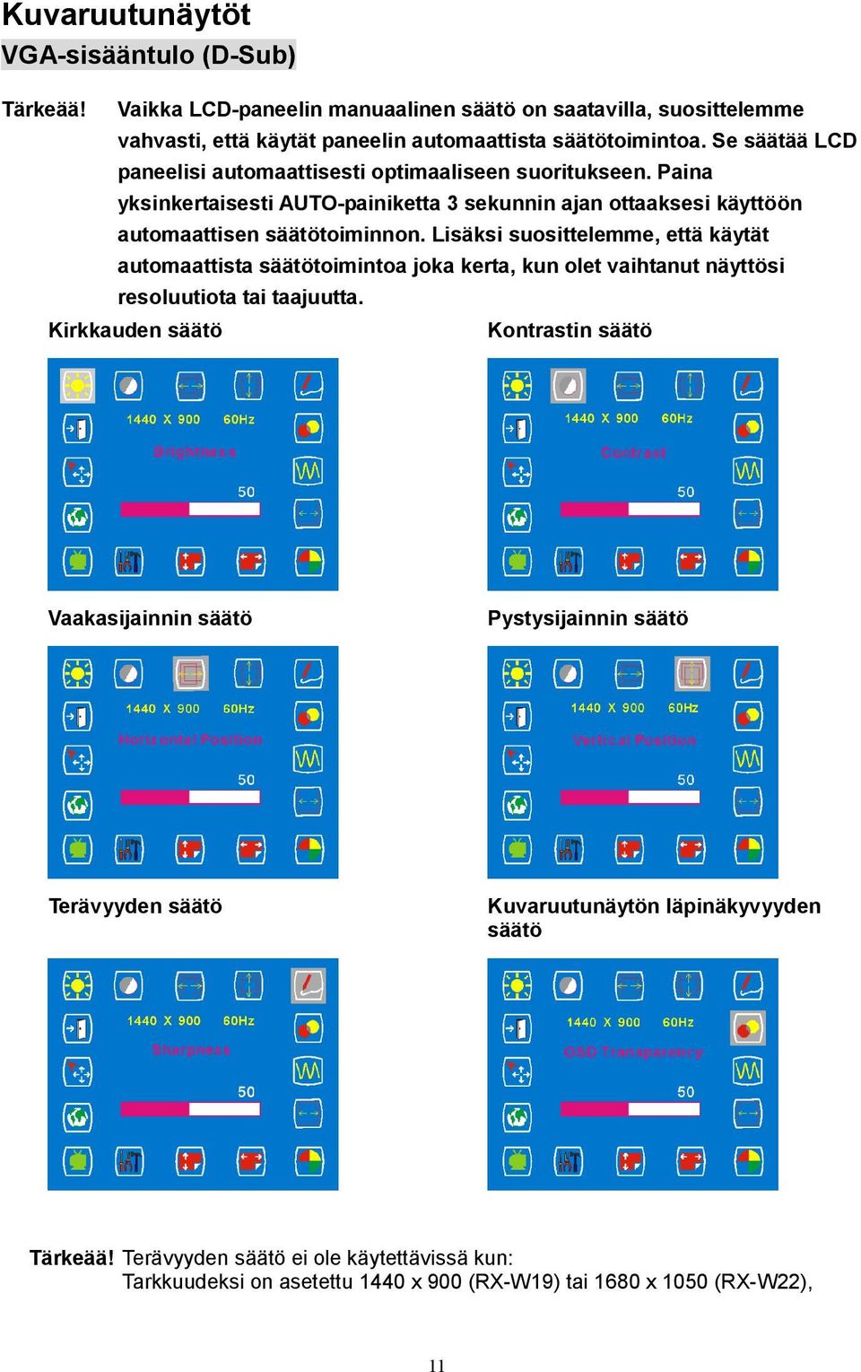 Lisäksi suosittelemme, että käytät automaattista säätötoimintoa joka kerta, kun olet vaihtanut näyttösi resoluutiota tai taajuutta.